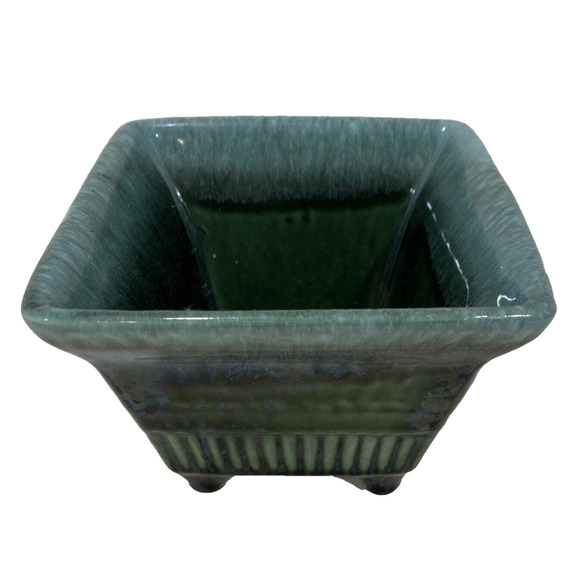 Hull USA Art Pottery Footed Planter #A2 Small Olive Green Drip Glaze Mid Century - Picture 2 of 9